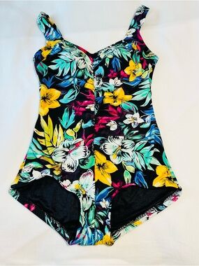 Maxine of Hollywood Floral One-Piece Swimsuit in Black, Yellow, Teal, Pink
